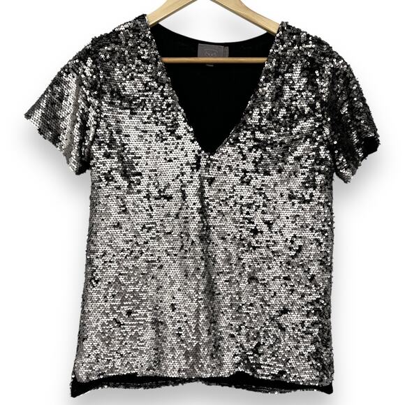 Anthropologie Vanessa Virginia Sequin Short Sleeve V-Neck Top Silver Women's XS - Picture 2 of 6